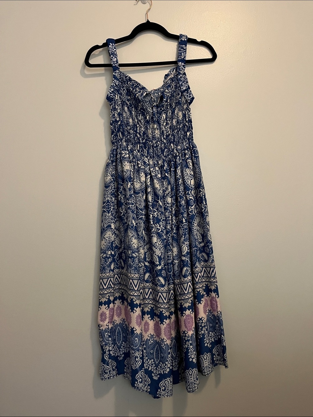 Blue Paisley Smocked Maxi Dress with Pink Border